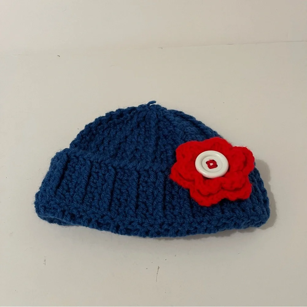 Handmade Blue Red Flower Floral Button Crochet Beanie Hat One Size